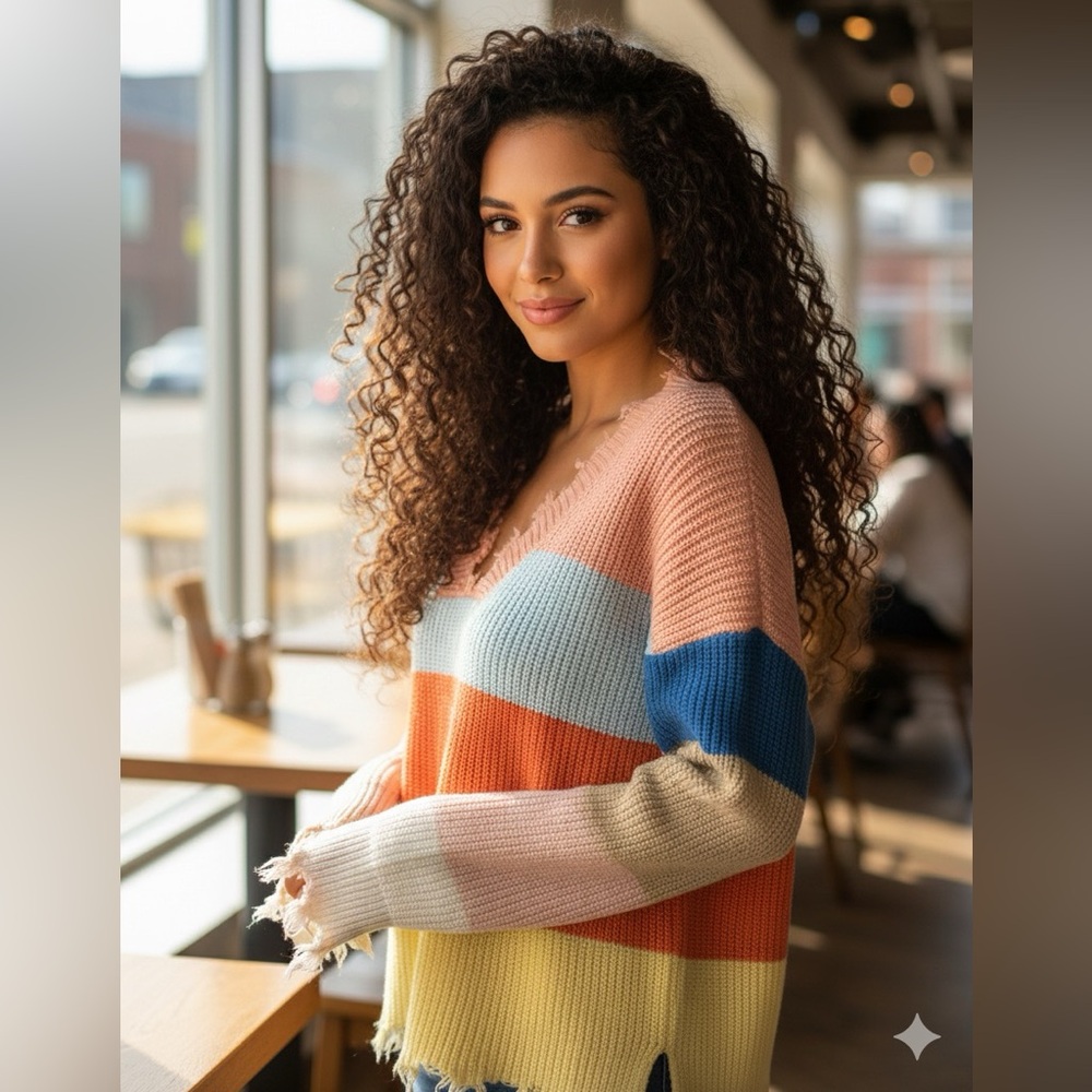 Colorblock Stripped Oversized Distressed V-Neck Long Sleeve Sweater